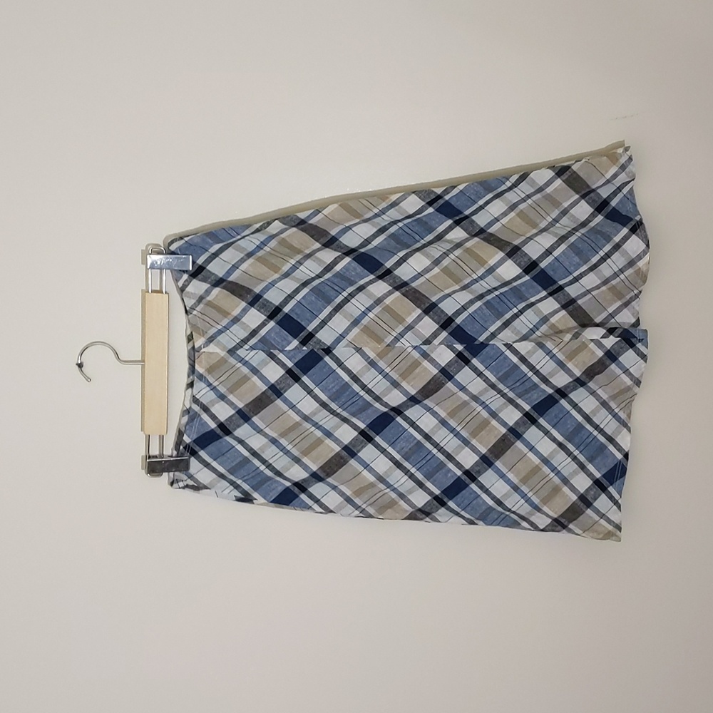 Profile| Blue and Tan Multicolored Plaid Flared Lightweight Midi Skirt - Picture 2 of 7
